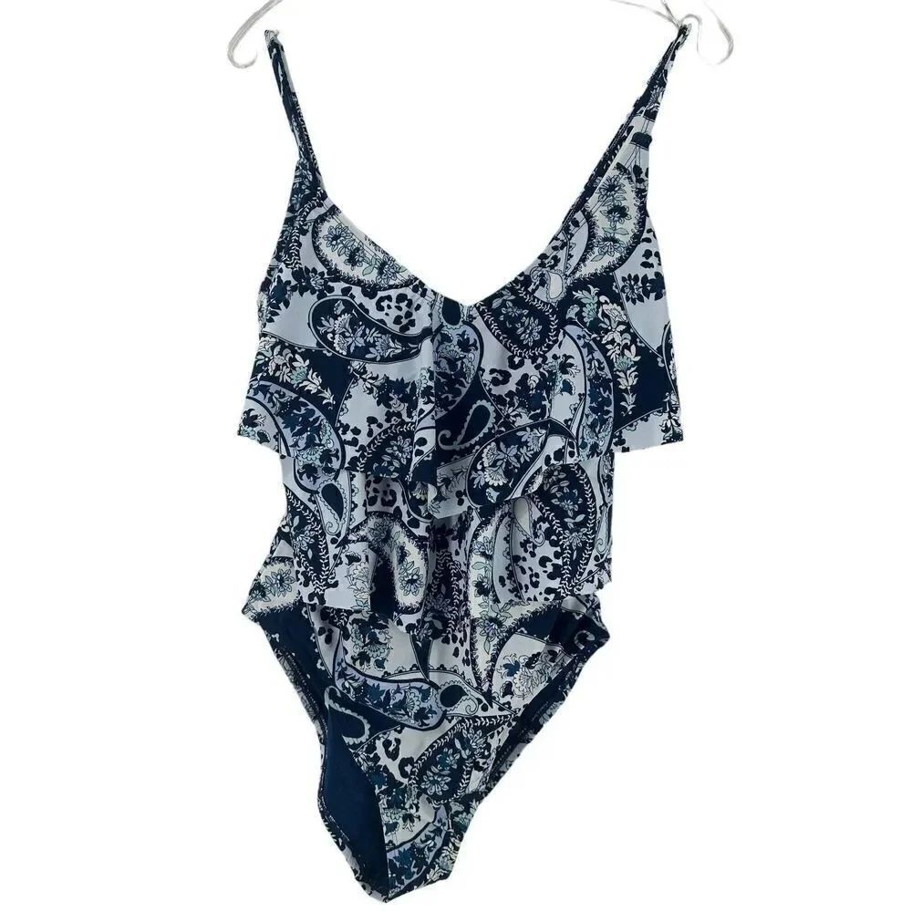 Ellen Tracy Swimsuit Size 10 One Piece Navy Blue Paisley Double Ruffle Swim NEW